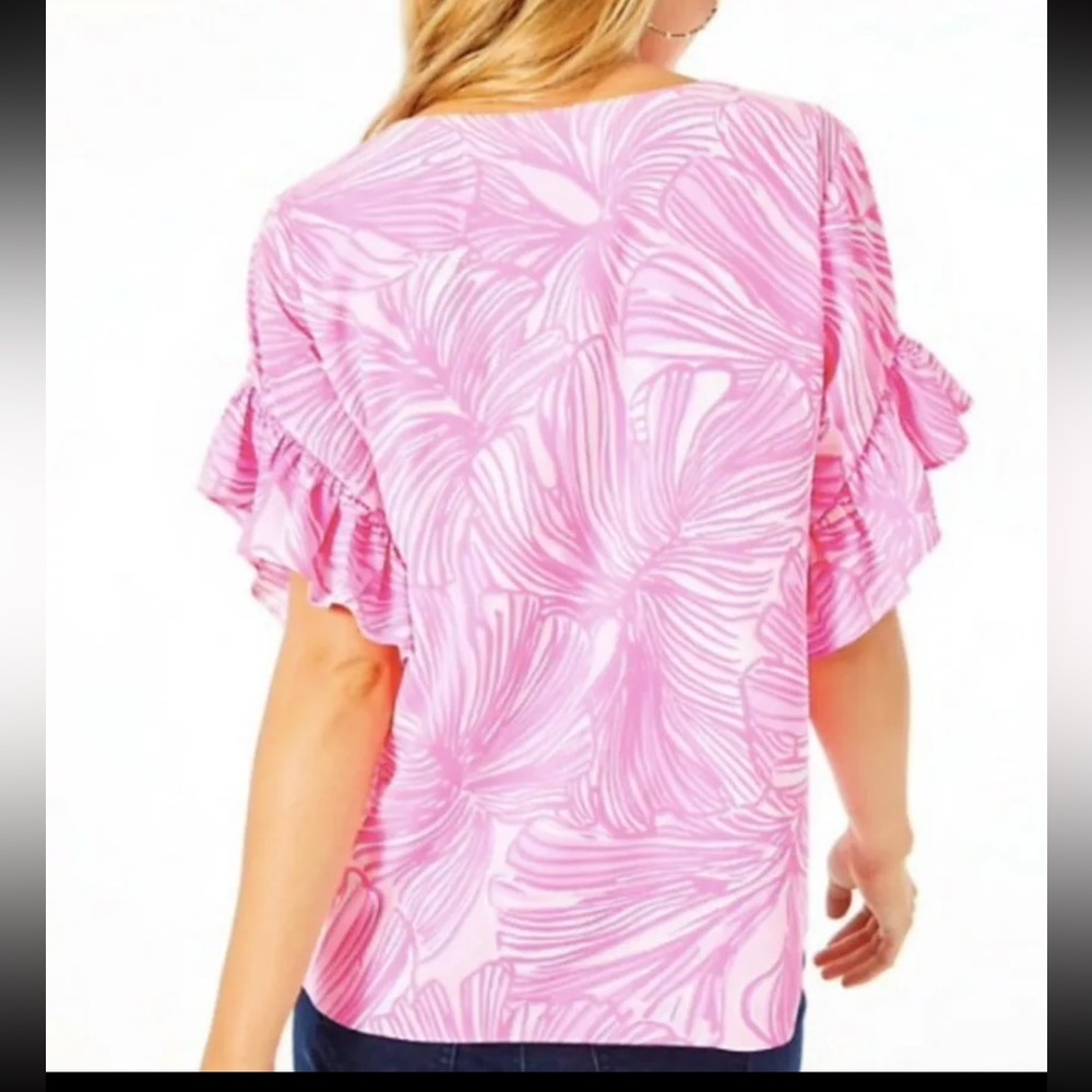 Lilly Pulitzer Pink Patterned Blouse with Ruffle Sleeves - Picture 2 of 10